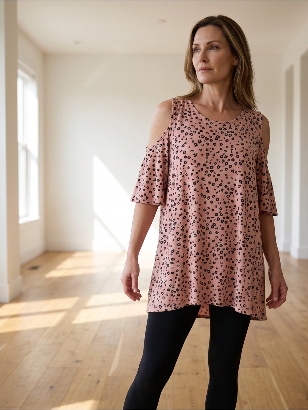 Elle Dusty Rose Cold-Shoulder Leopard Tunic